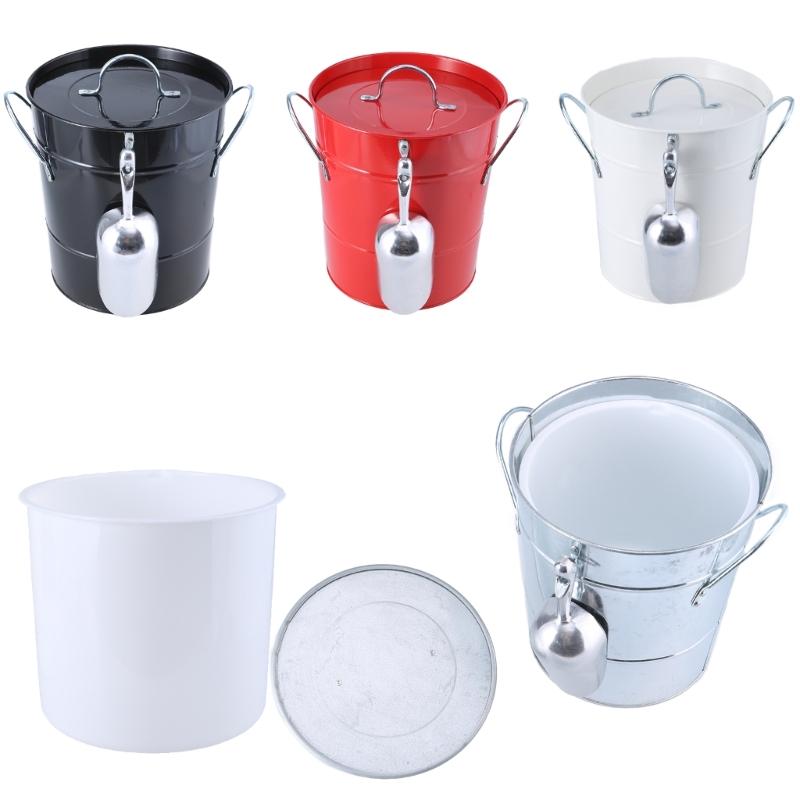 Round Beverage Tub with Shovel and Lid Double Handle Ice Bucket Metal Drink Coolers Champagnes Bucket Easy To Carrys