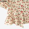 VONDA Women Summer Short Sleeve Bow Knot Printing Casual Ruffled Cropped Blouse