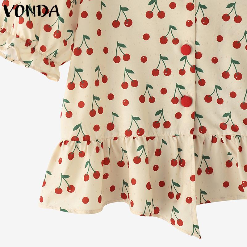 VONDA Women Summer Short Sleeve Bow Knot Printing Casual Ruffled Cropped Blouse