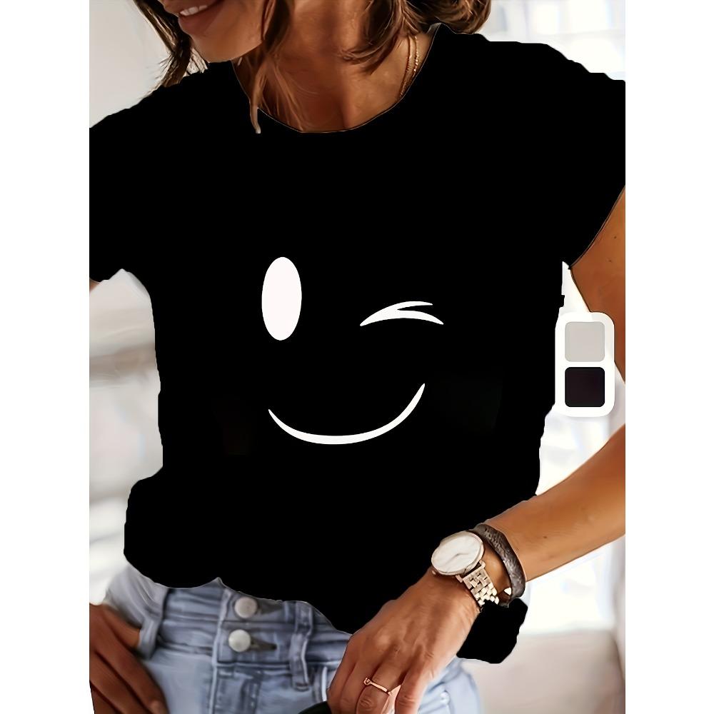 

Round Neck Short Sleeve Regular Length Summer Women Casual Blend T-Shirt with Geometric Face Print S