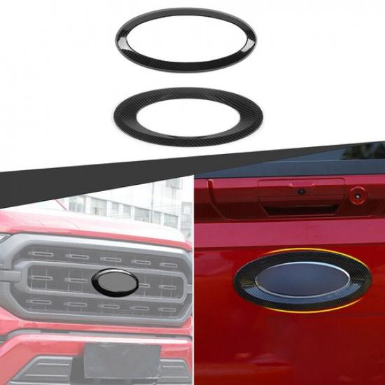 Front & Rear Logo Emblem Badge Cover Trim Ring For Ford F150 2021+ Carbon Fiber