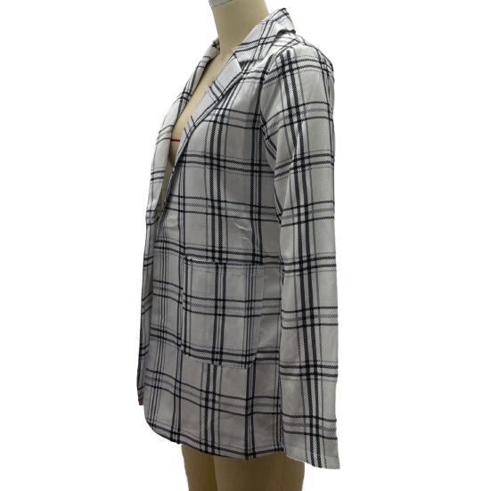 Women Suit Coat Lapel Long Sleeve Open Front Suit Jacket with Pockets Plaid Print