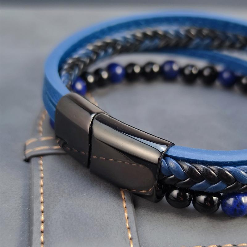 2026 New Punk Men Beaded Bracelets Classic Fashion Blue Lapis Lazuli Beaded Multilayer Leather Bracelet For Men Jewelry Gift