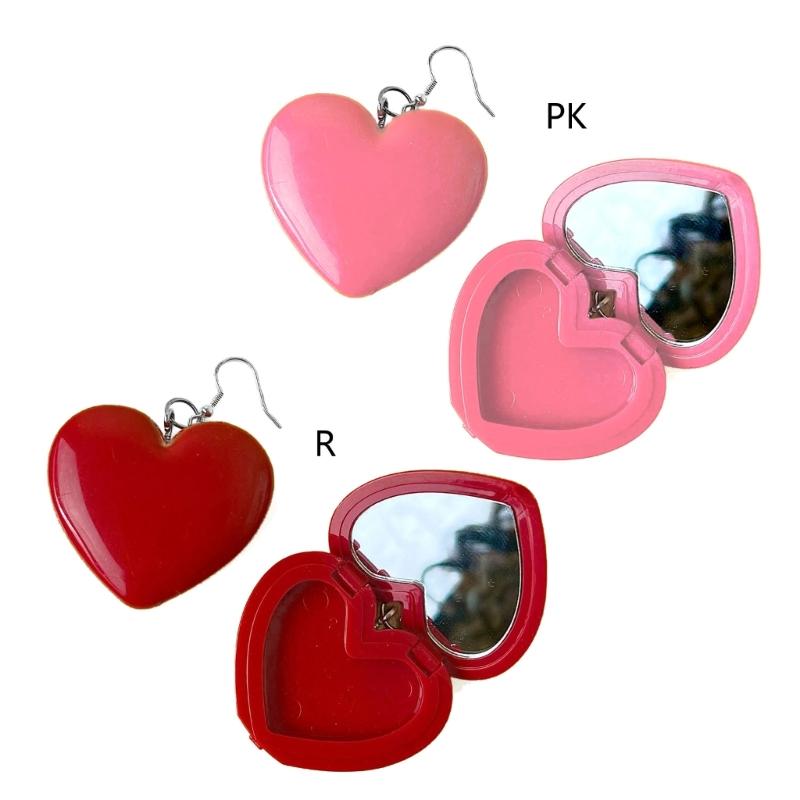 Minimalist Red Heart Earring with Mirror Pendant Hook Earring Jewelry Gift Acrylic Cosmetic Case Dangle Earring Women