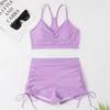 Biquíni feminino de cor sólida, sexy, slim, peito pequeno, sutiã franzido + bandagem, shorts justos, praia, férias, traje de banho