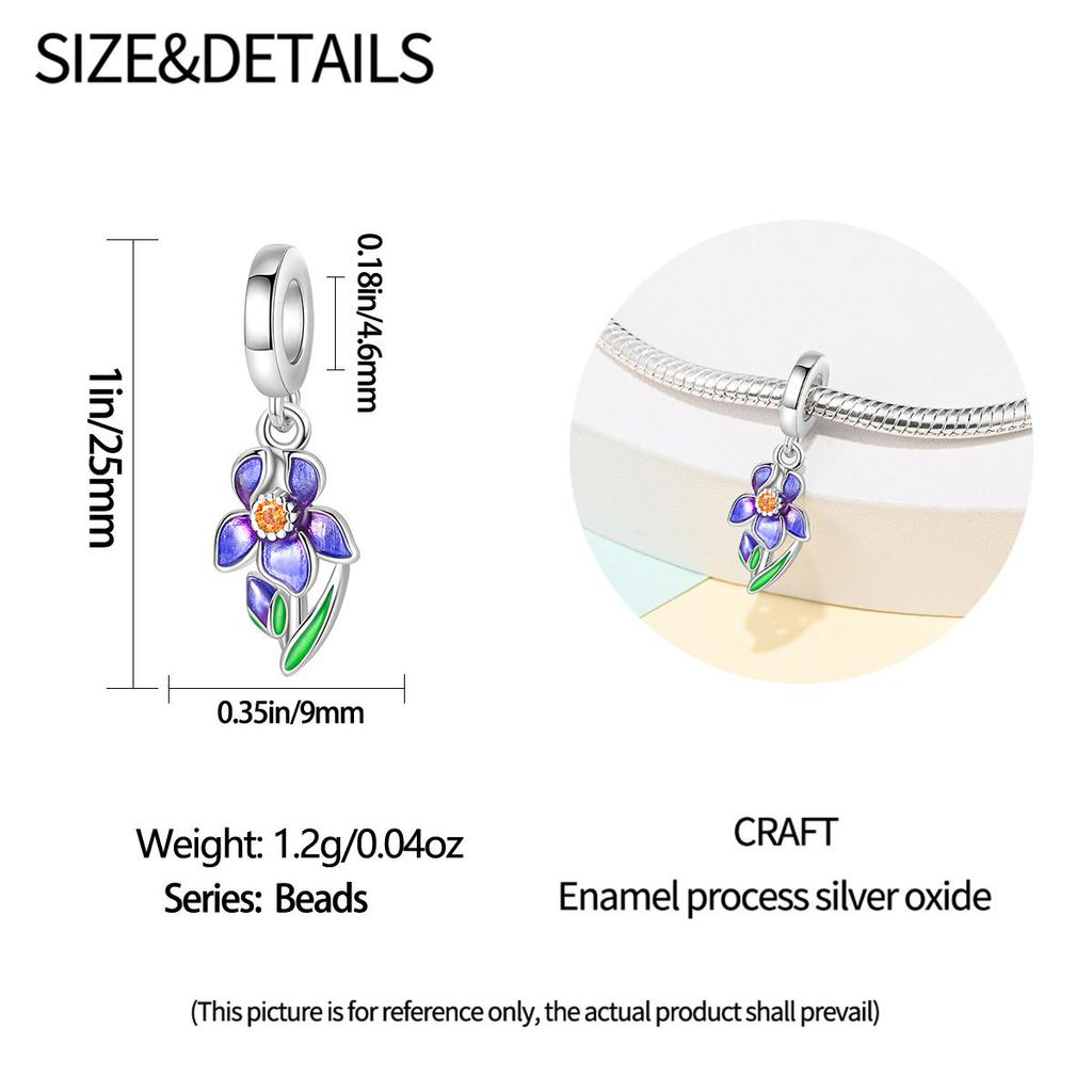 S925 Silver  Iris Flower Pendant Charm Beads for DIY Bracelet Necklace Jewelry Making Craft Supplies