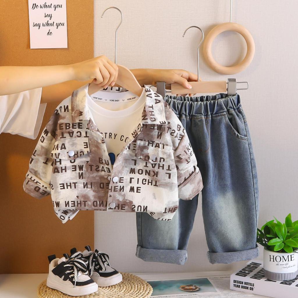 Boys' Long Sleeved Three Piece Set, 0-5-Year-old Children's Full Printed Letter Shirt Jacket, Baby Casual Set