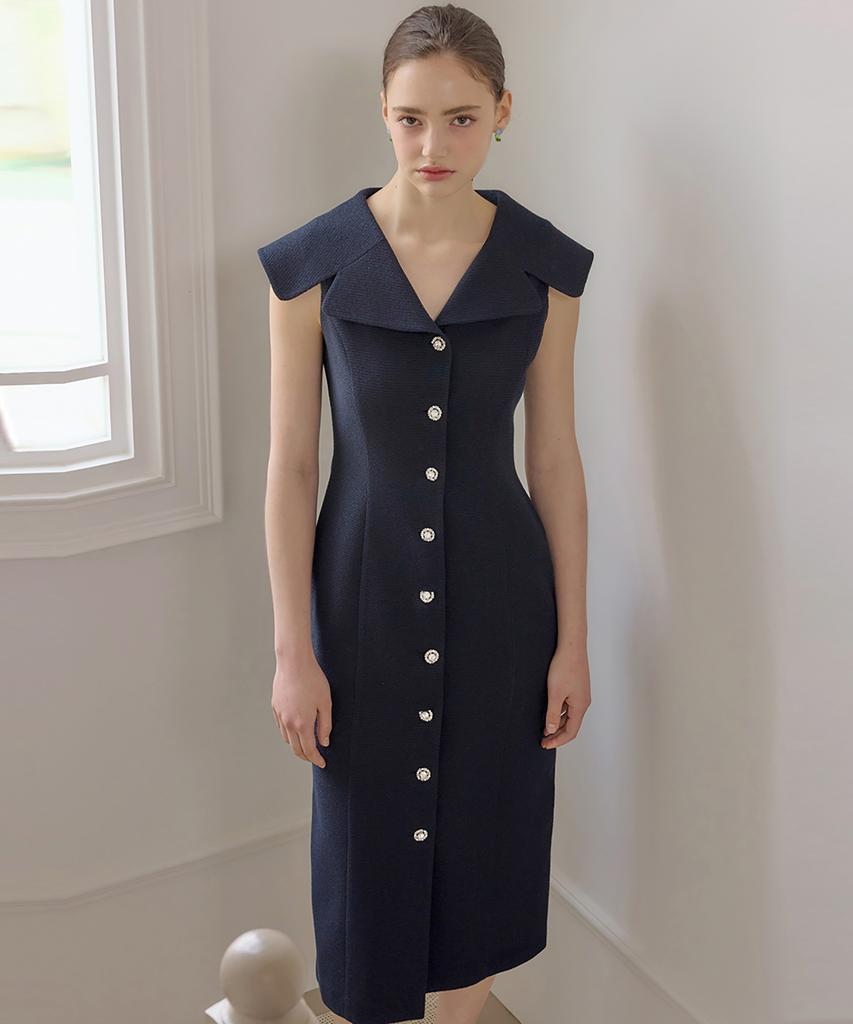 Julie And Kara 25Hs Collar124 Terroir Line Terroir Queen Sleeveless Tweed Dress Navy
