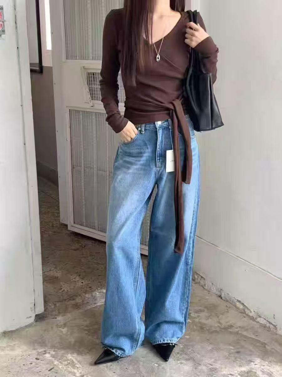 Fan Siyu Women s Ice Blue Washed Wide Leg Flare Jeans S (40-50kg)