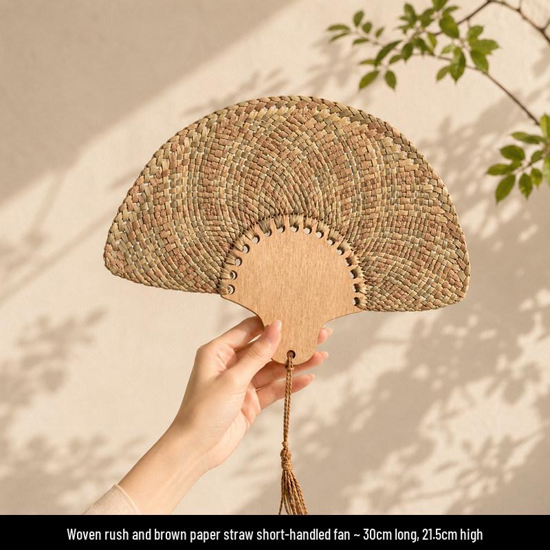 Tai Life Women's Handmade Wabi-sabi Cattail Fan: Artistic Summer Rattan Craft, Chinese Style Intangible Heritage Round Fan