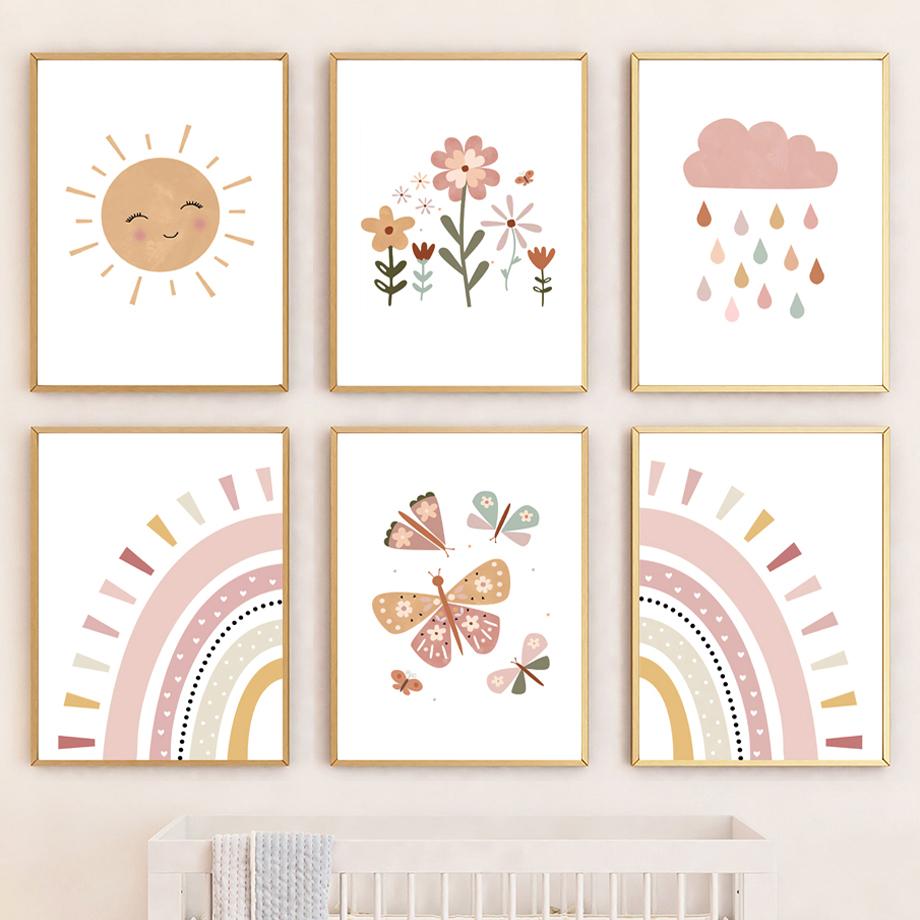 Rosa Sonne Wolke Regenbogen Blume Schmetterling Kindergarten Nordic Poster Und Drucke Leinwand Malerei Wand Kunst Bilder Baby Kinder Zimmer Dekor