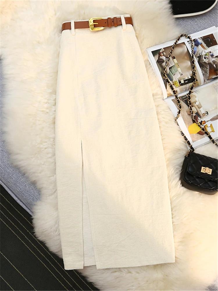 Autumn Winter Corduroy Women's Skirts with Belted High Waist Straight Classic Front Split Skirts Ladies Female
