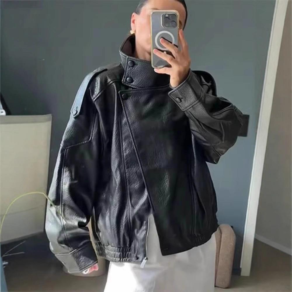 European and American style autumn and winter new fashion temperament women's clothing lychee pattern leather jacket