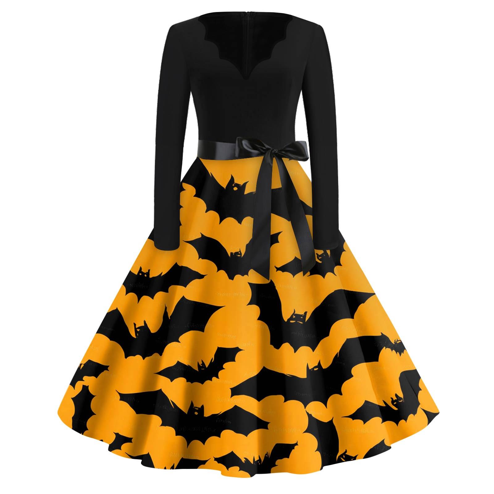 

Женская мода с v-образным вырезом, повседневные тонкие платья с длинными рукавами и принтом на Хэллоуин XXXL оранжевый