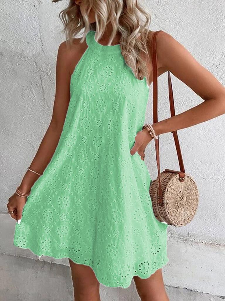 Women's Floral Lace Solid Sleeveless Buttoned V-Neck Dress - Summer New Arrivals