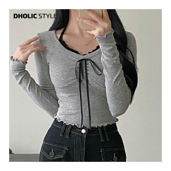 Halter layered ribbon T-shirt p631949 Women s [tops] Tops Long sleeve T-shirt Halter neck Ribbon Cropped length Layered Girly Going out Spring Autumn