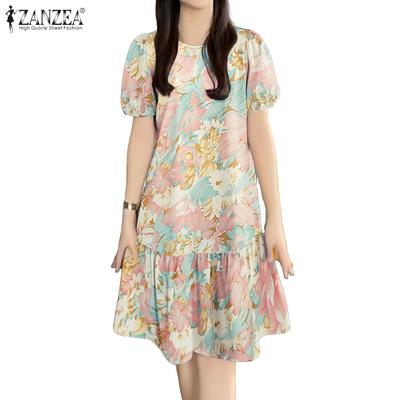 Women Summer Casual Round Neck Short Sleeve Floral Dress