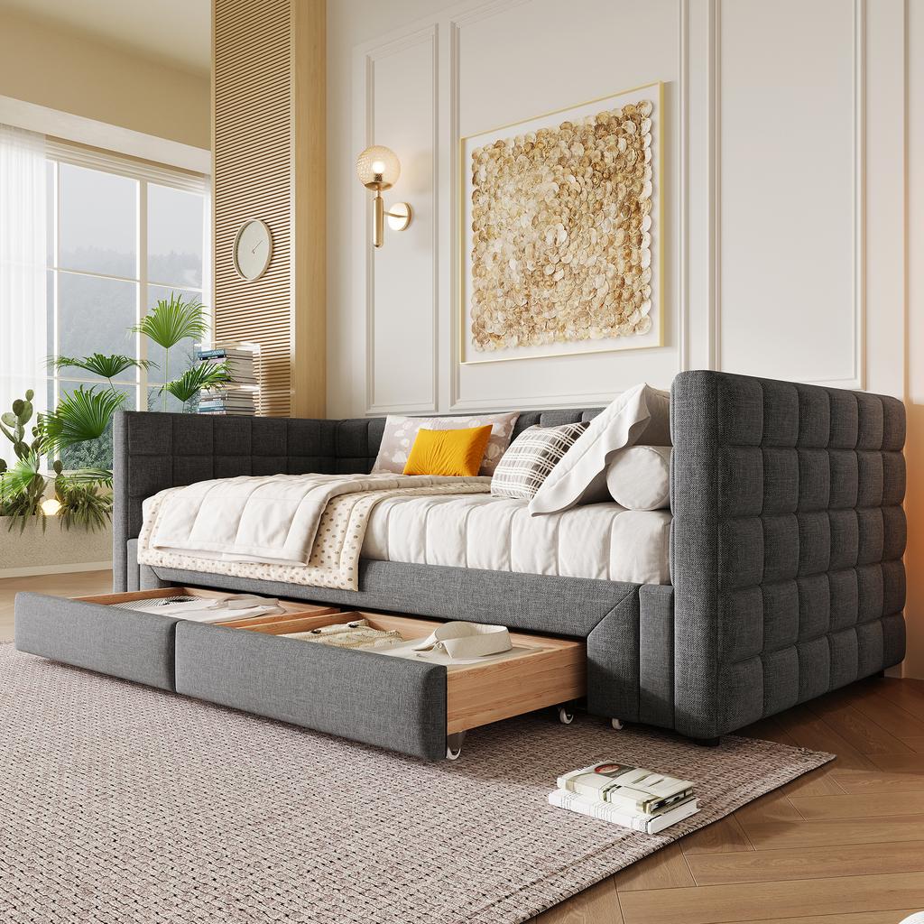 Cama de día, Cama de día, 90 x 200 cm, Sofá cama con respaldo cuadrado, Cama extraíble (Extensible a 180 Tamaño Queen), 2 Cajones, sin Colchón, Gris