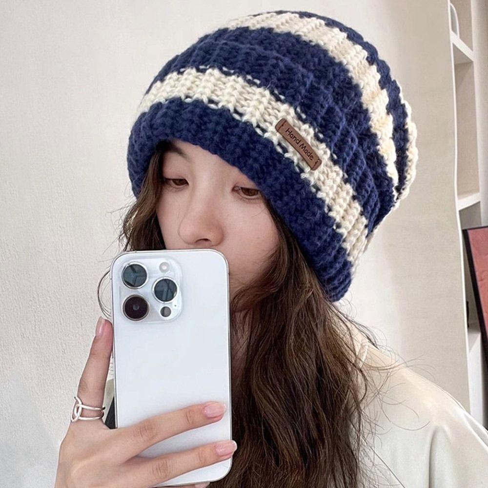 Stripe Winter Hats Thickened Knitted Hat Casual Beanie Caps  for Men Women