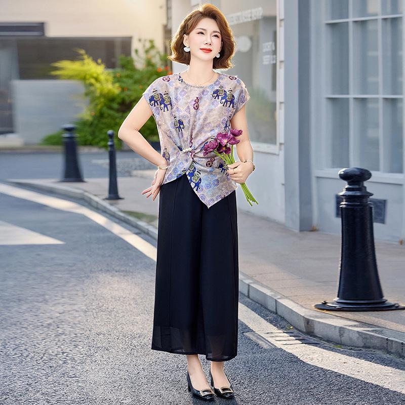 2026 Summer Stylish Printed Two-Piece Set for Middle-Aged Mothers 2XL фиолетовый