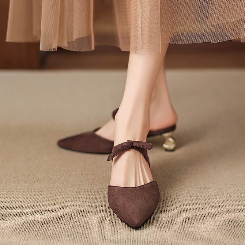 Krazing Pot Suede Butterfly-knot Mules Strange Style Med Heels Summer Size 42 Pointed Toe Slip on Women Shallow Pumps