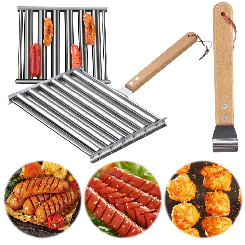 Hot Dog Roller Sausage Roller Rack Stainless Steel Hot Dog Grill Roller with Wooden Handle 5 Hot Dog Capacity Grill Accessories