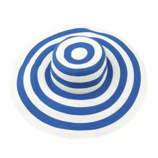 Women Fashion Stripe Wide Brim Floppy Straw Hat Foldable Summer Beach Sun Cap