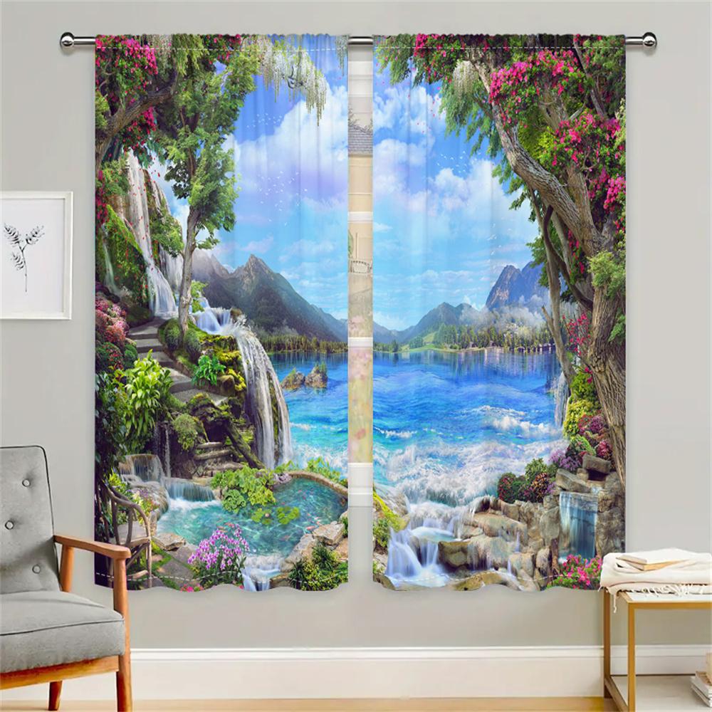 2Pcs Dreamland Curtains Waterfall Lake Mountain Print Living Room Bedroom Decor Curtains Nature Landscape Sunshade Curtains
