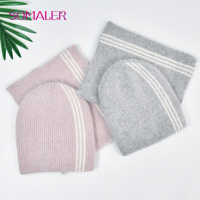 Women's Winter Warm Angora Hat Scarf Set Thick Double Layer Fluffy Rabbit Hair Knit Hat Fashionable Cold Weather Accessories