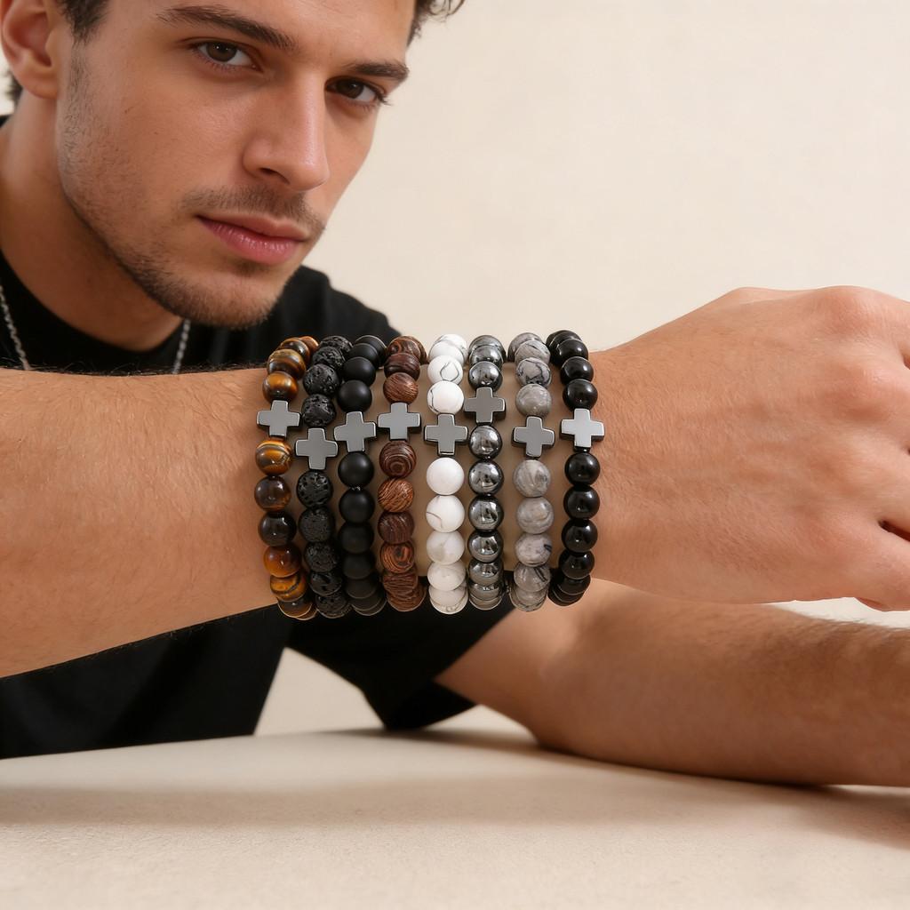 Natural Stone Beaded Bracelet With Cross Geometric Design For Men And Women