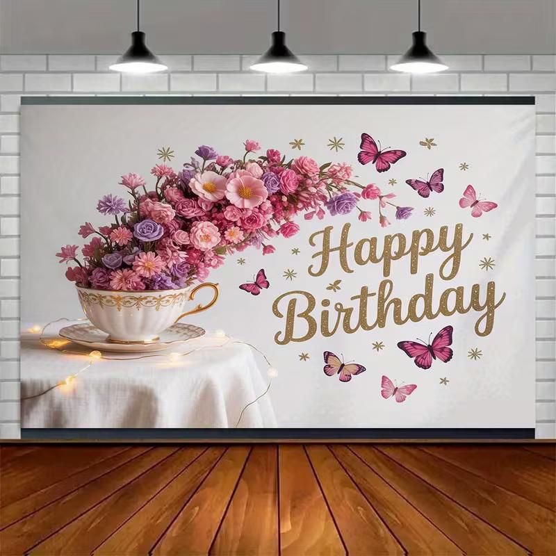 2D Pink Floral Butterfly Birthday Backdrop Elegant Teacup Flower Background for Girls