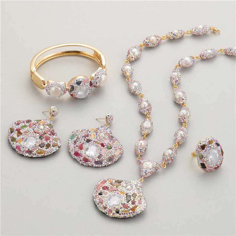 Meier Natural baroque pearl jewelry set with zircon and turquoise accents (4-piece)