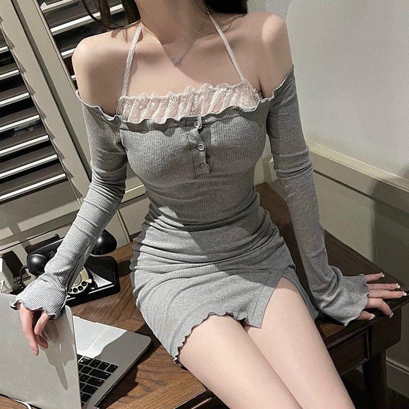 Damen Kleid Gothic Girl Langarm Mini Slim Strickkleid