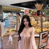 Lazy loose pink long-sleeved sunscreen cardigan autumn set pure desire streamer tube top sling skirt two-piece set