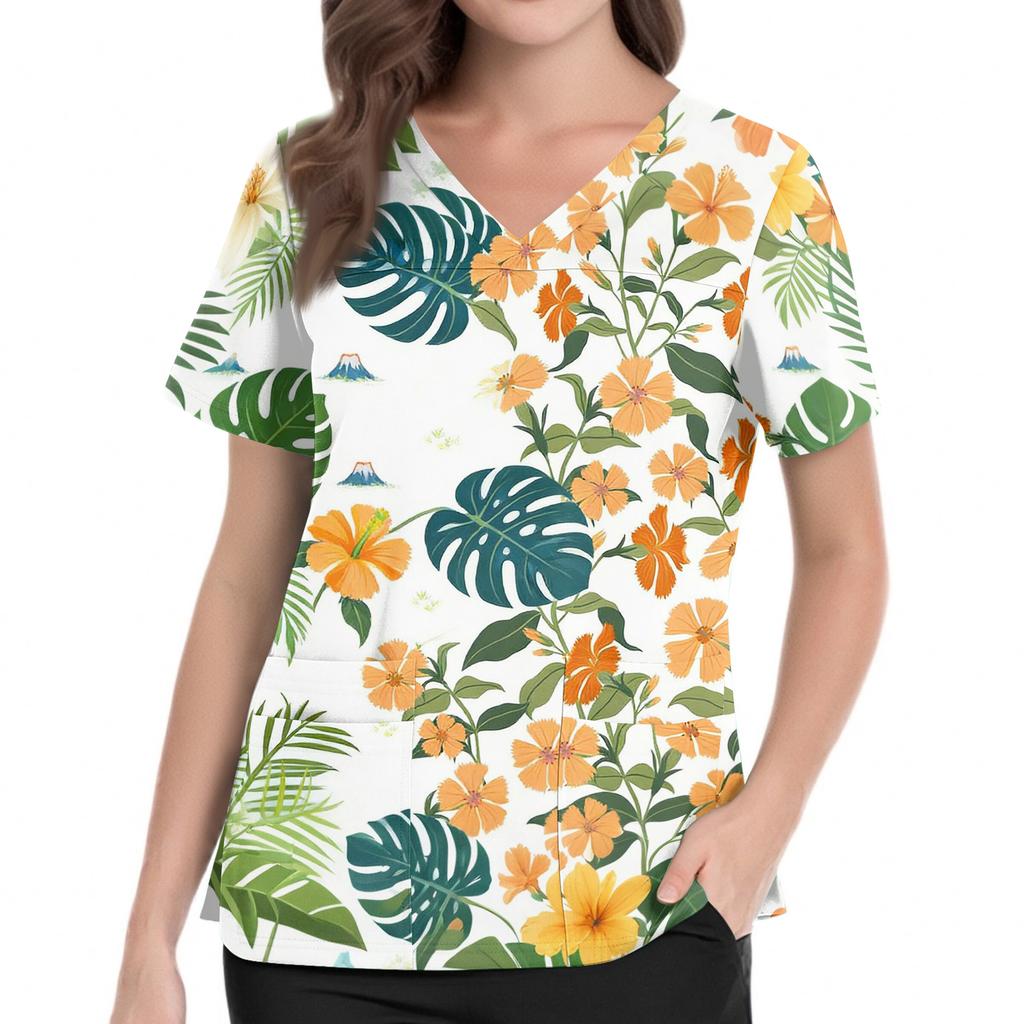 Women Nurse Scrub Top Hawaiian Print V Neck Short Sleeve Medical Uniform Shirt with Pockets and Side Slits for Healthcare Professionals