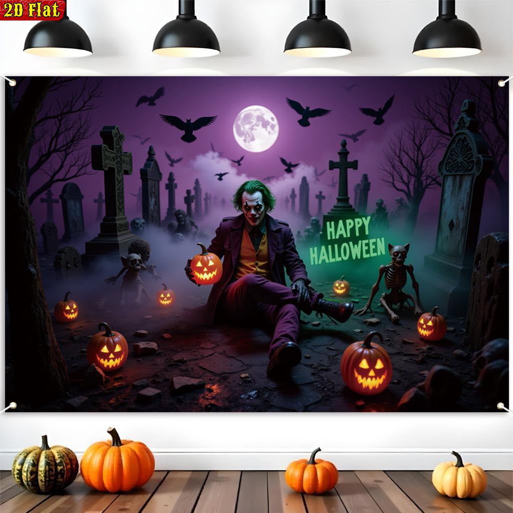 2D flat 1pc Halloween polyester background - Clown in the cemetery scene suitable for Halloween decoration