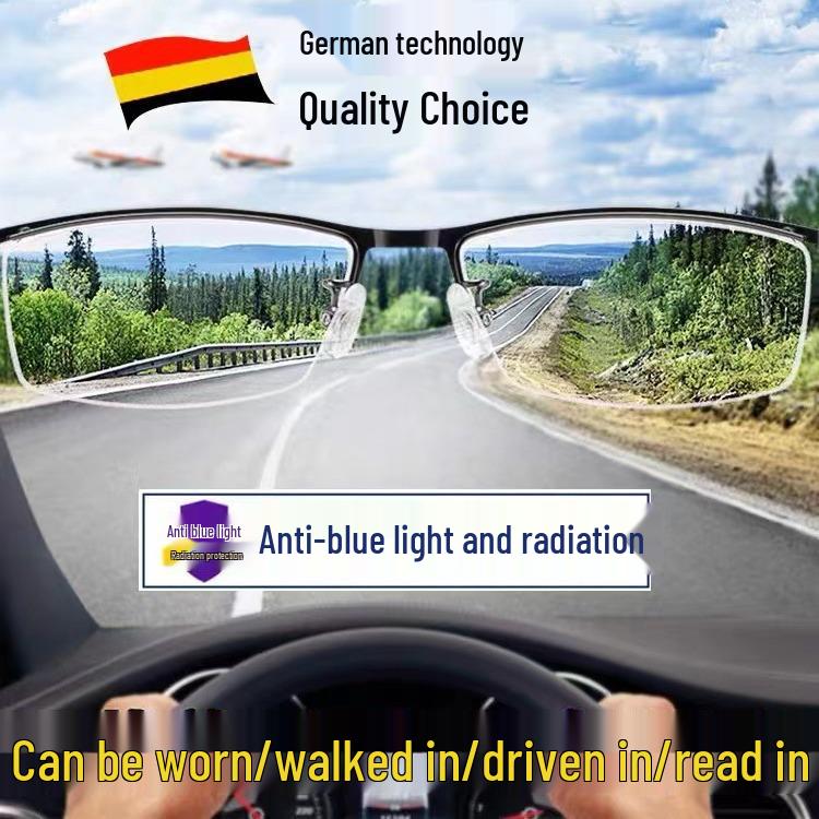 Herren Minimalistische Metall Halbrand Multifokale Brille mit Blaulichtfilter und Smart Zoom für Ferne und Nähe HD Lesen