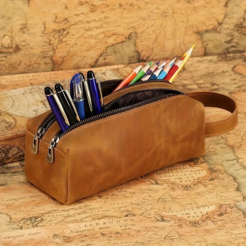 Vintage Leather Pen Box, Simple Large Capacity, Creative Double Layer, Zipper Storage Bag, with Back to School Gift
