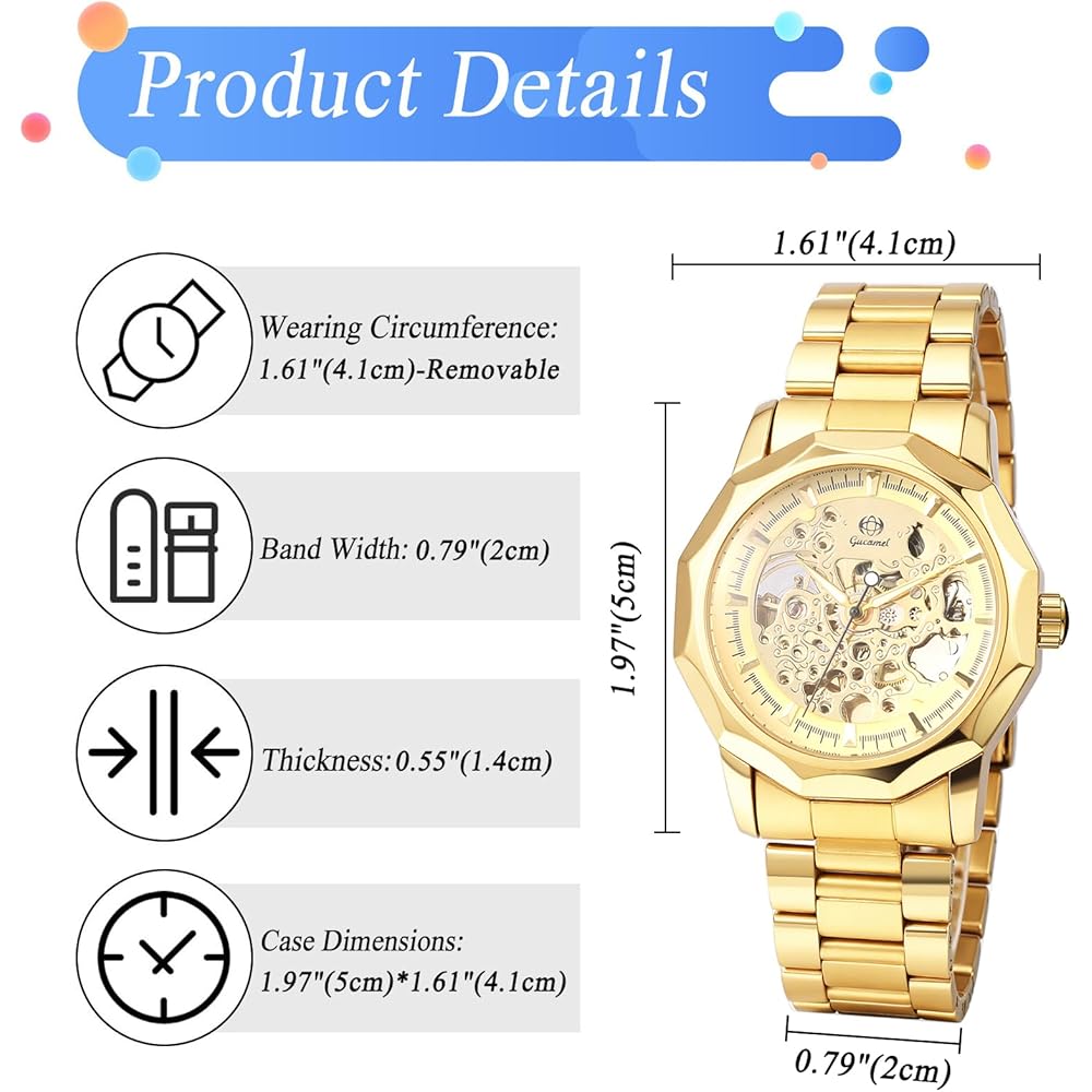 Men's Automatic Skeleton Watch Luminous Analog Display Waterproof Stainless Steel Band Silver Gold Black