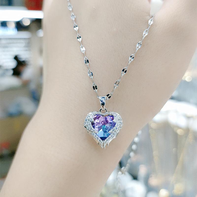 Korean Heart of the Ocean Necklace: Colorful Crystal Pendant, 18K Gold-Plated Titanium Steel, Light Luxury Clavicle Chain