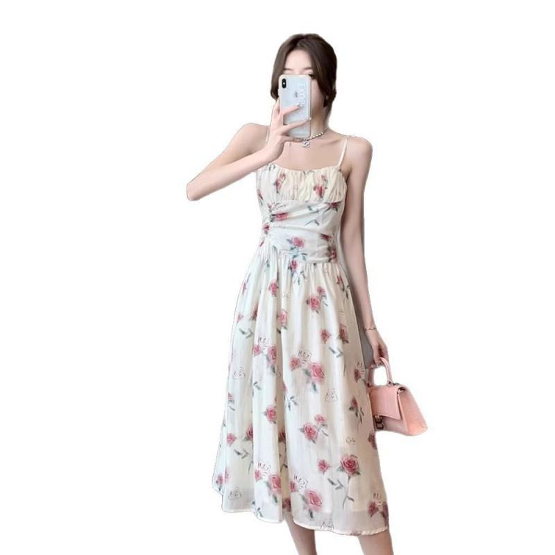 Romantic Coffee Break Dress Suspender Rose French Waist Floral Seaside Vacation Fairy Trendy