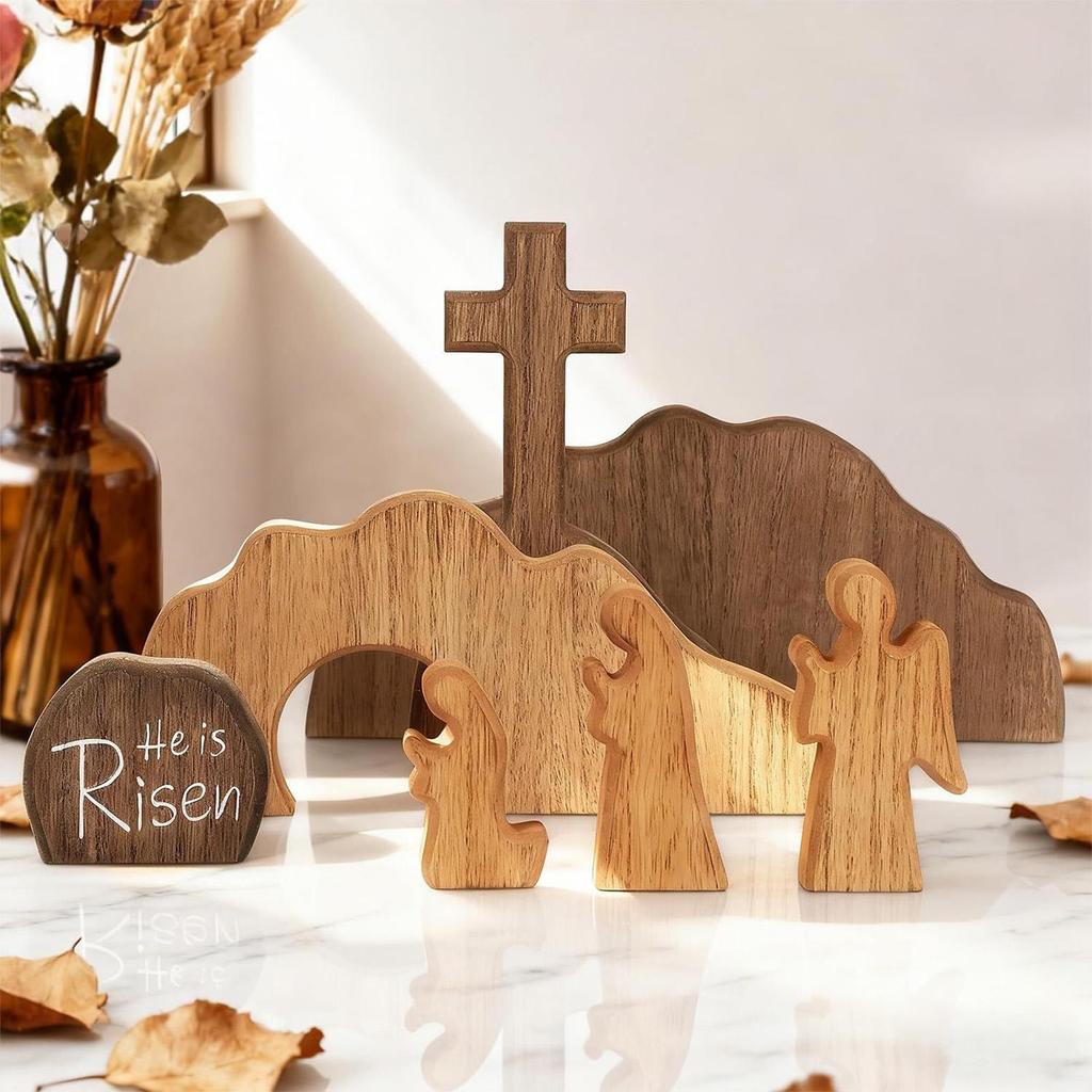 Easter Decorations for Home Wooden Christian Figurine Tabletop Christian Empty Tomb Figurine for Holiday Party Celebration