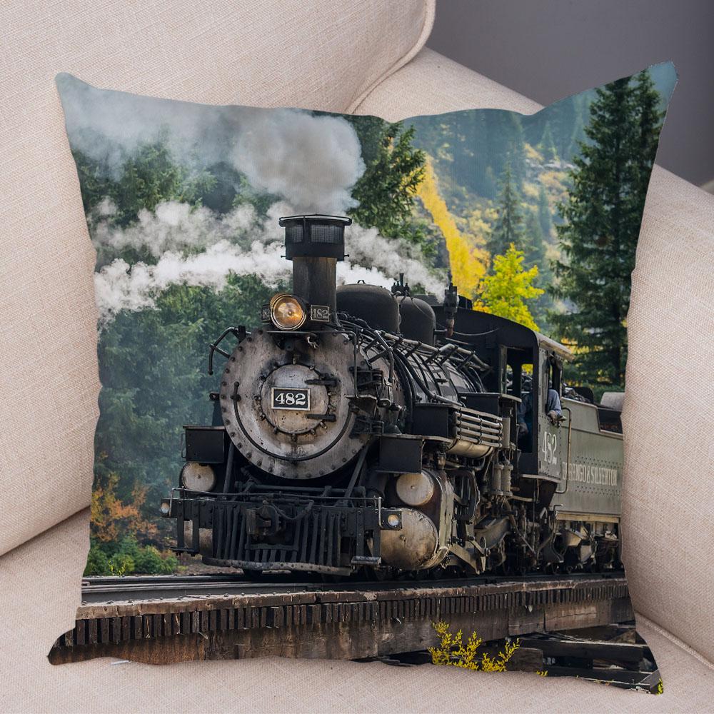 Pillowcase Vintage Style Steam Train Decor Retro Colorful Car Cushion Cover