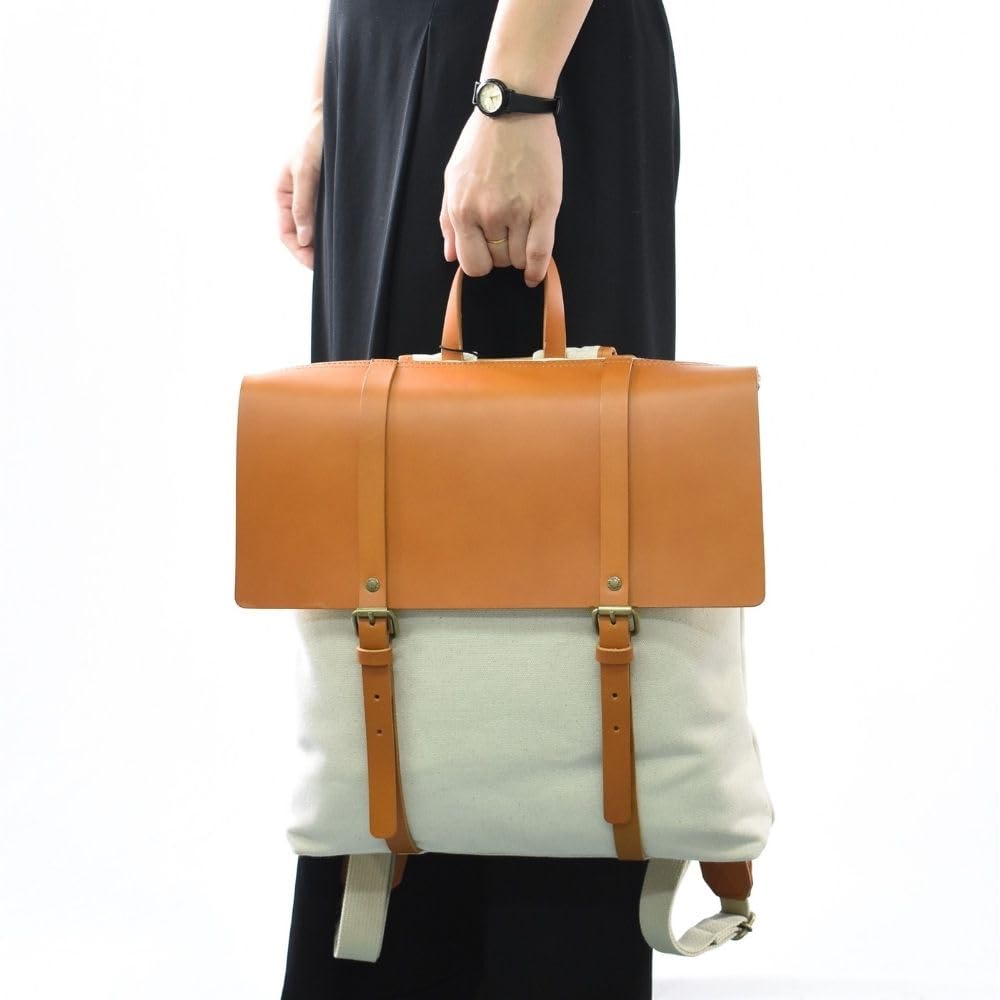 Marutomi Shokai Chair Canvas and Leather Flap Camel Leather and W32 X H36 X Backpack, Off-White Canvas, Size Approx. D7cm, 7M0-1106