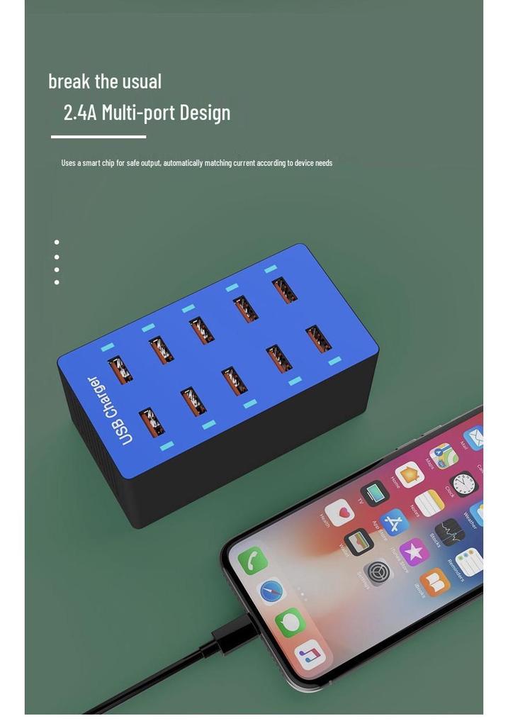 50W Multi-Port Power Strip: 10 USB Charger for Mobile Phones with US, EU, and UK Plugs