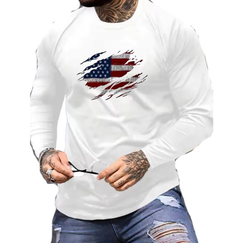 T-shirt d'été à manches longues pour homme motif drapeau américain col rond confortable polyester adapté pour l'extérieur