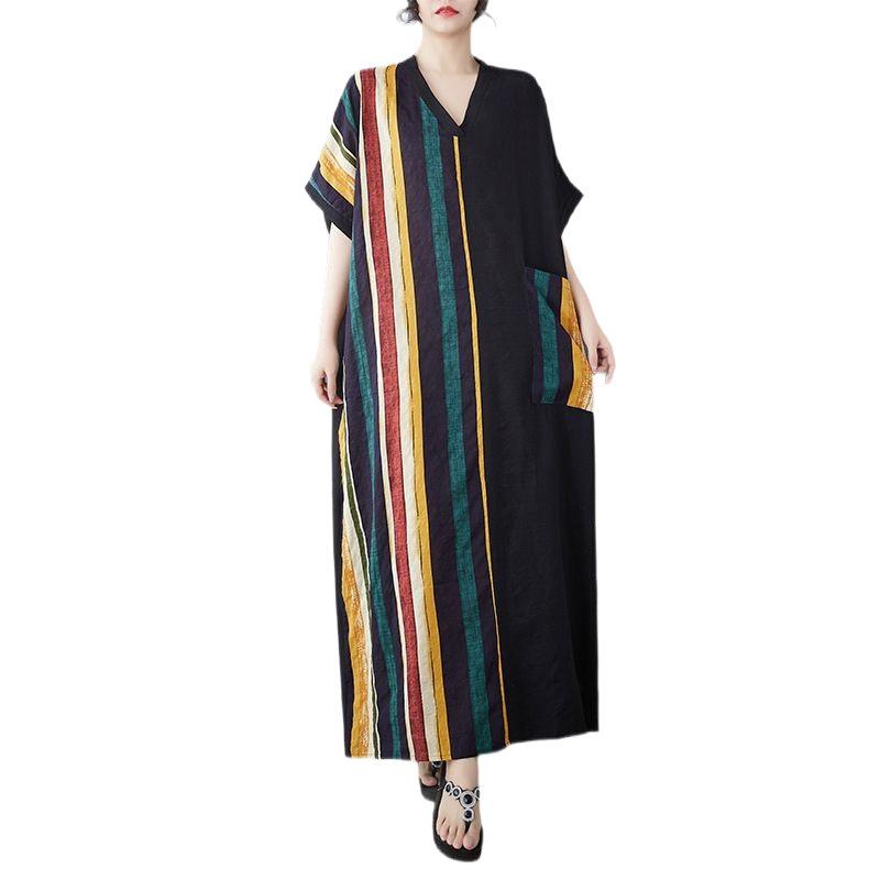 Sommer Fett Mm Dünn Baumwolle Leinen Schlankmachend V-Ausschnitt Kurzarm Kontrastierende Spleißung Mittellanges Kleid für Damen Kleider