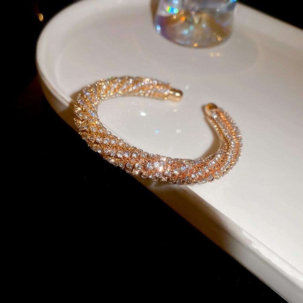 Gold Rhinestone Bangle Round Open Bangle Luxury Cuff Bracelet  Gift