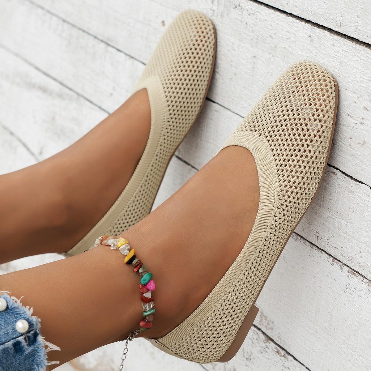 Color Round Toe Fly Woven Flat Sole Single Shoe For Women s Casual, Breathable, Hollowed Out Knitted Lazy Work Shoes 38