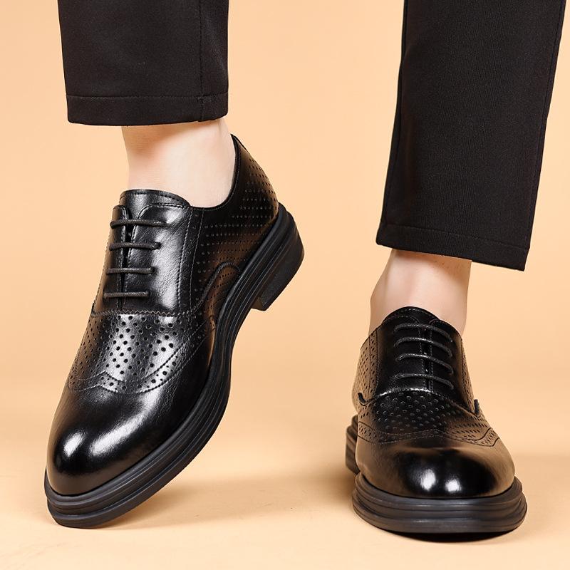 Summer hollow leather shoes 8cm inner height increase Brock breathable business dress shoes men's soil 6cm wedding groom men's shoes